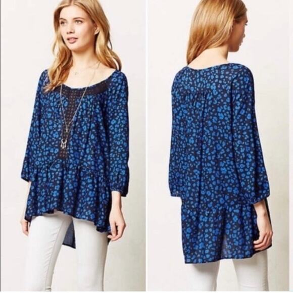 ANTHROPOLOGIE HD in Paris Ressica Long Sleeve Tunic Blouse Black Blue Boho Small - Picture 1 of 12